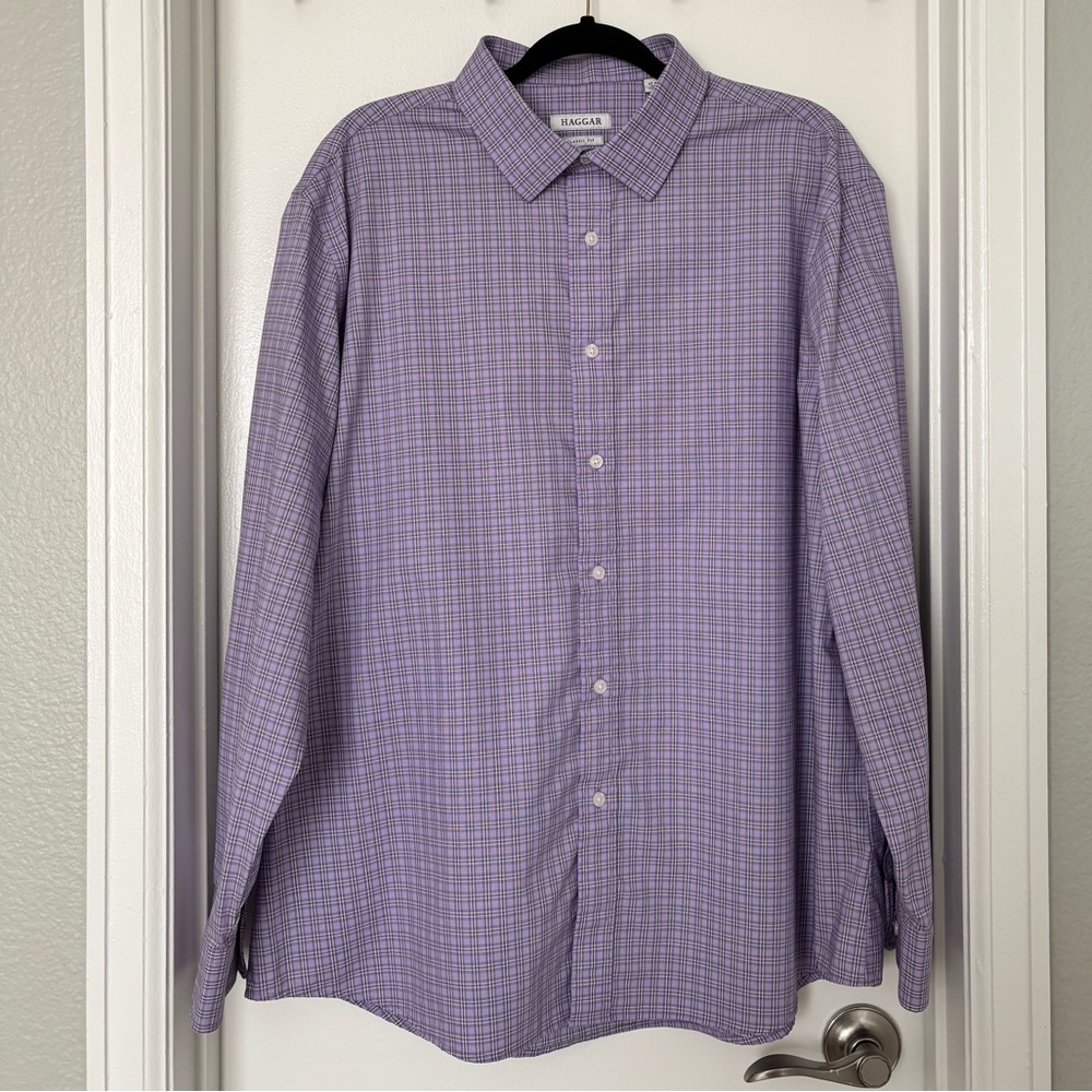 Haggar • Men's Classic Fit Lavender Plaid Button Down Shirt - Wrinkle Resistant - Picture 12 of 12